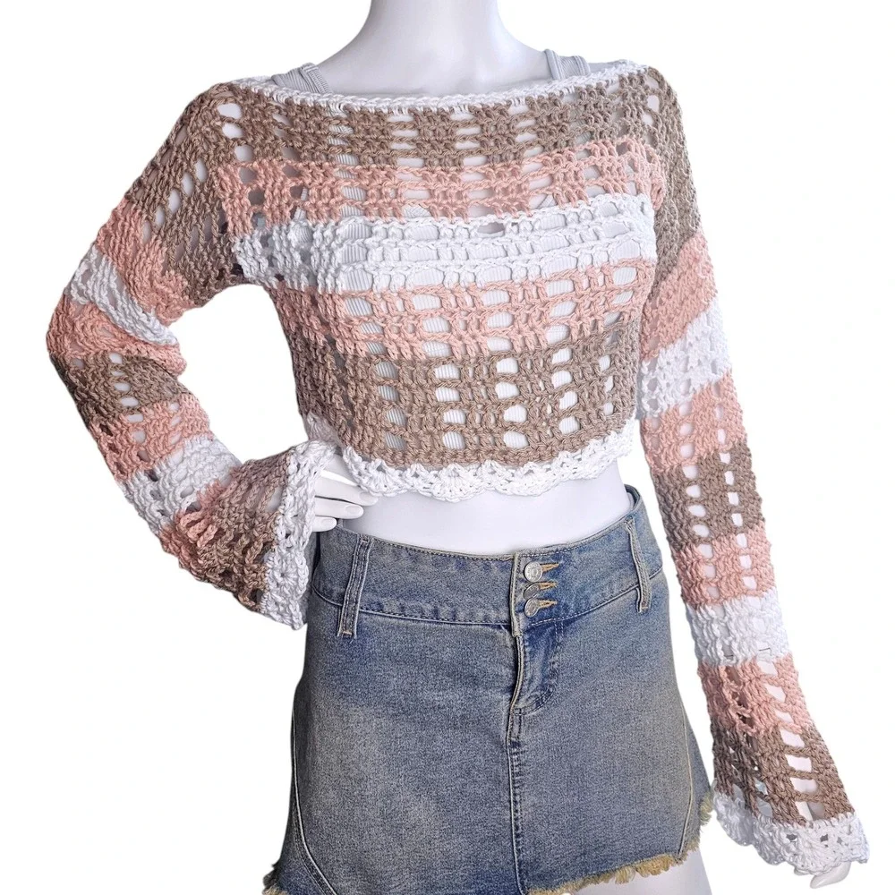 Handmade Crochet Boat Neck Bell Sleeve Crop Top | Festival Fairy Boho Mesh Top